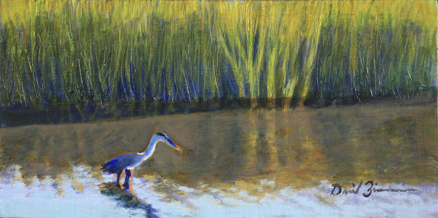 Blue Heron Painting - Strolling for A Meal by David Zimmerman