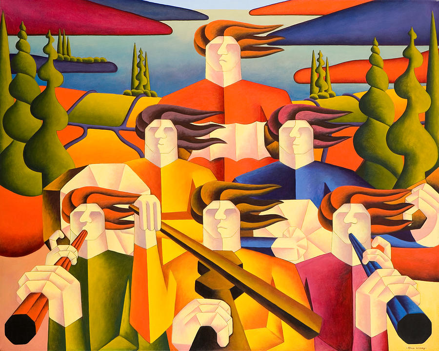 Structured musicians in landscape Painting by Alan Kenny