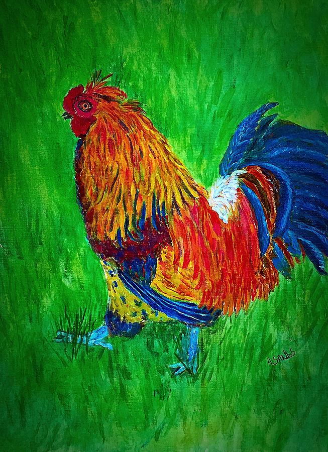 Strutting  Batam Rooster Painting by Anne Sands