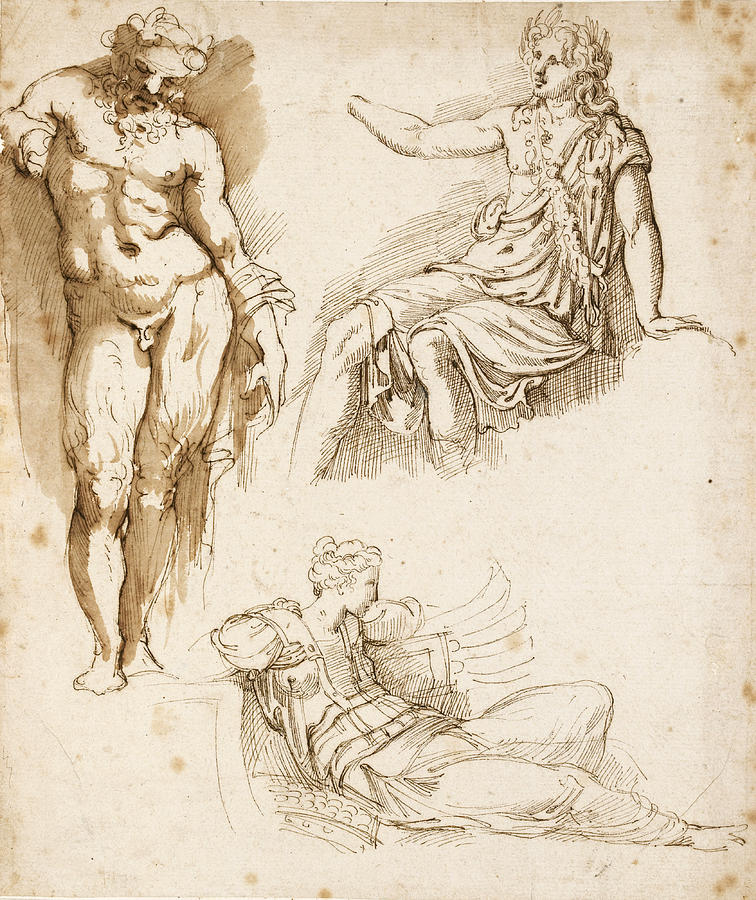 Studies after the antique. A standing silenus a seated Apollo and a fallen Warrior Drawing by Girolamo da Carpi