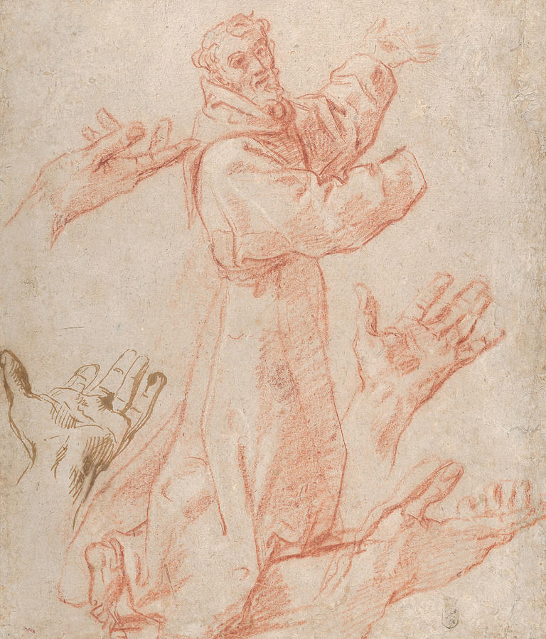 Annibale Carracci Drawing - Studies for a Figure of Saint Francis Kneeling in a Three-Quarter View and for His Hands by Annibale Carracci