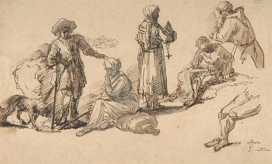 Studies for Standing and Seated Figures Drawing by Salvator Rosa