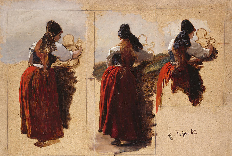 Studies of a Woman from Rugen Painting by Hans Gude