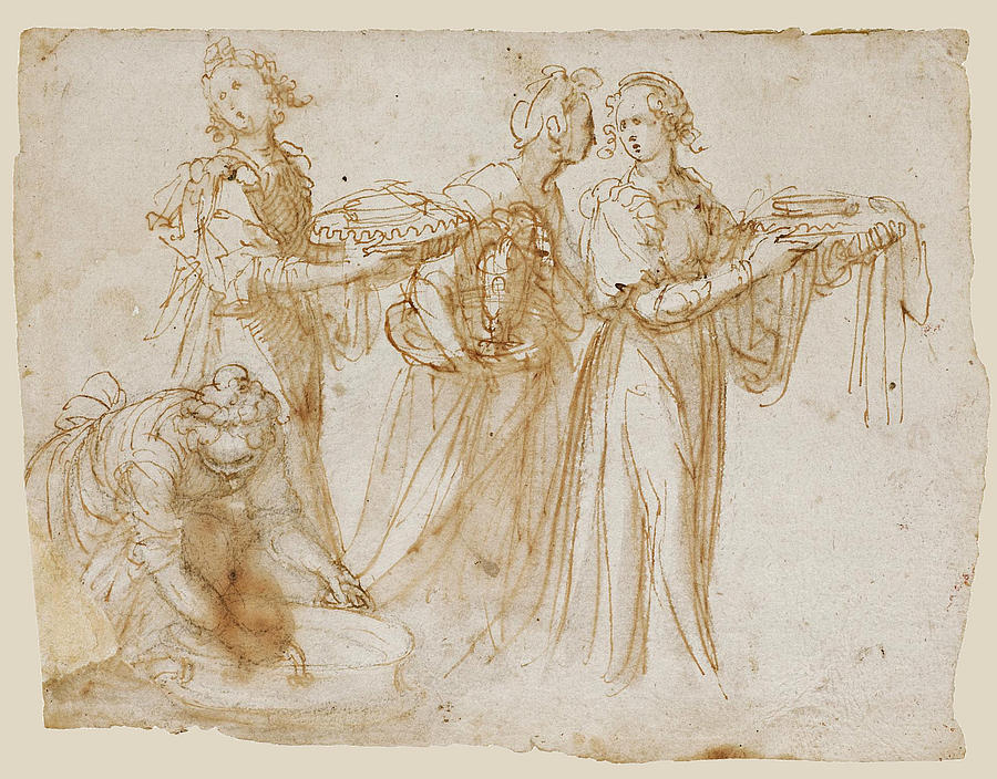 Studies of Four Women carrying Vessels at the Scene of a Birth Drawing by Guglielmo Caccia