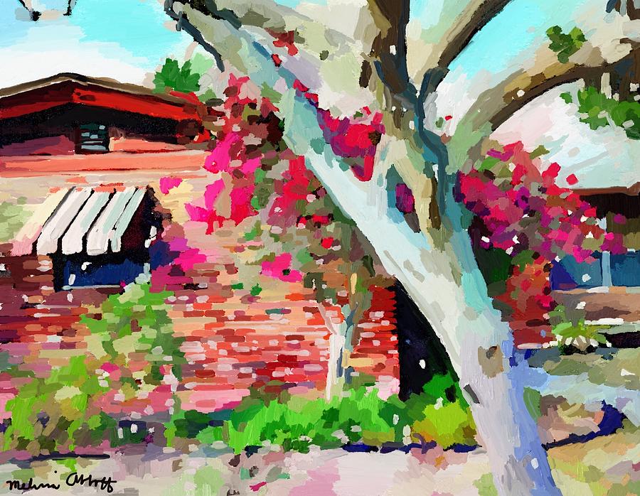 Study in Color Light and Texture, Brick House on Sunrise with Bouganvilla Painting by Melissa Abbott