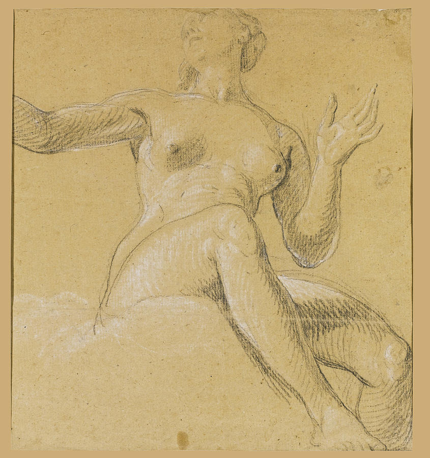 Study of a female figure seated on clouds Drawing by Etienne Parrocel