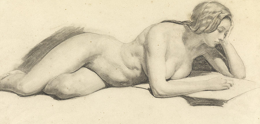 Nude Drawing - Study of a female nude reading by Daniel Maclise