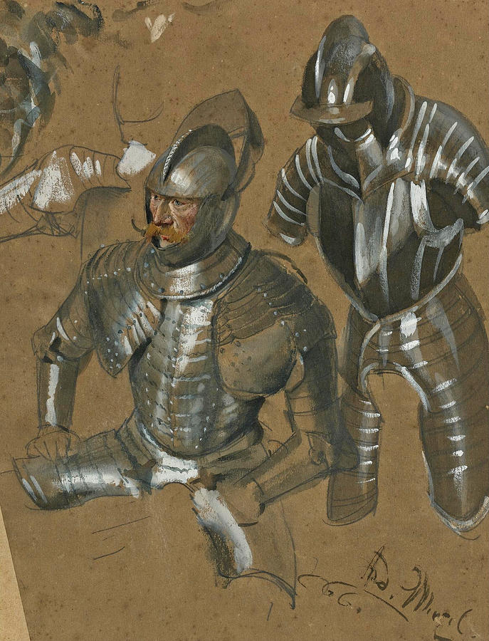 Study of a Knight and Suit of Armor Drawing by Adolph Menzel