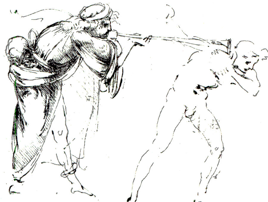 Leonardo Da Vinci Drawing - Study of a man blowing a trumpet in anothers ear by Leonardo da Vinci
