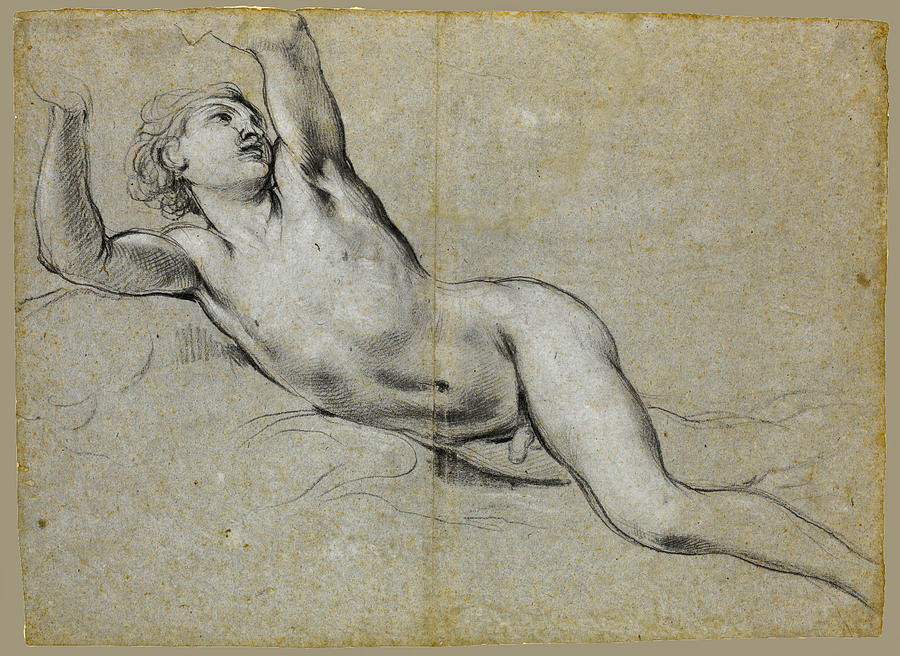 Study of a Naked Youth with Raised Arms  Drawing by Lorenzo De Ferrari