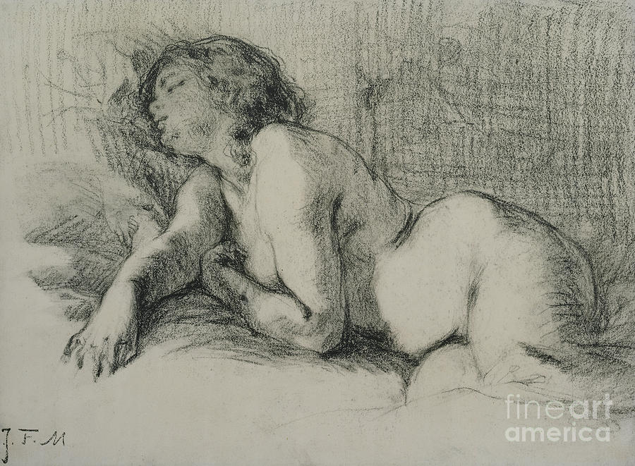 Jean Francois Millet Drawing - Study of a reclining female nude by Jean Francois Millet