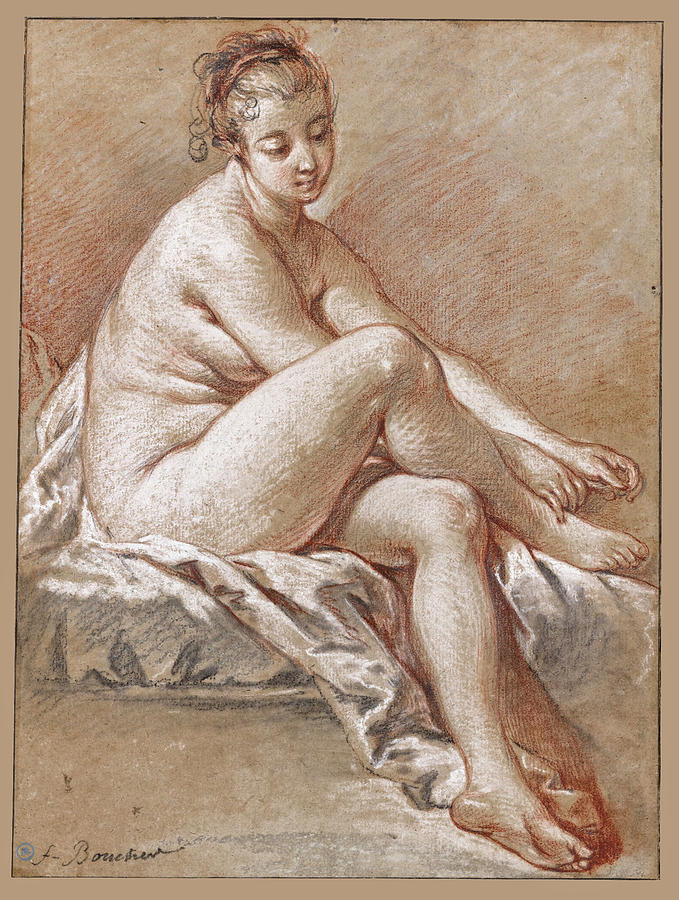 Study of a seated young female nude extending her hands to her right foot Drawing by Francois Boucher