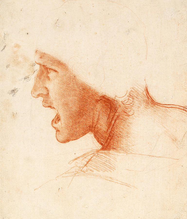 Study of a Warriors Head for the Battle of Anghiari #4 Drawing by Leonardo da Vinci