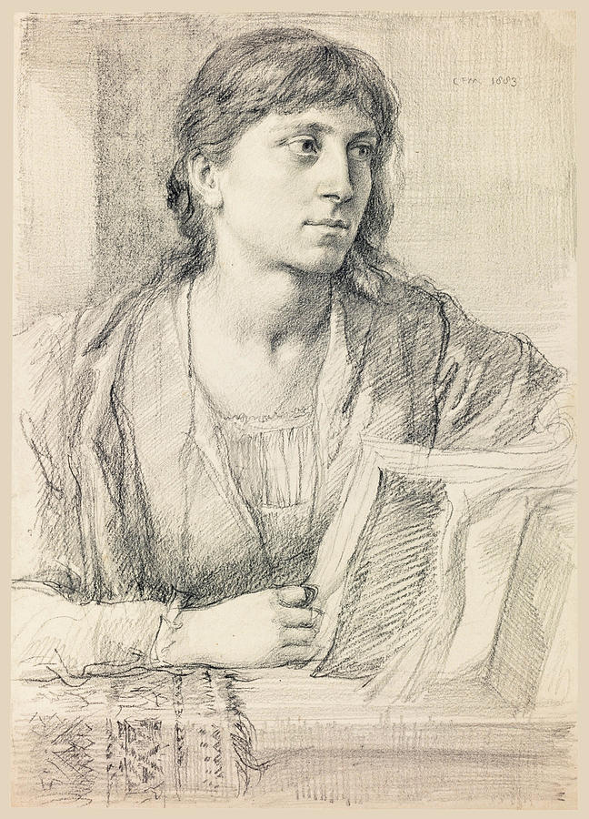 Beautiful Drawing - Study of a woman reading a book by Charles Fairfax Murray