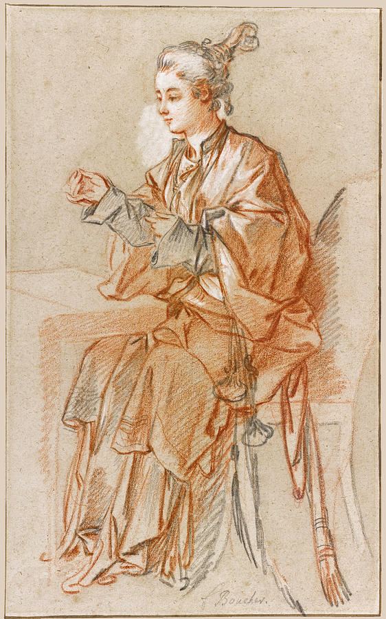 Study of a young Chinese woman seated at a table Drawing by Francois Boucher