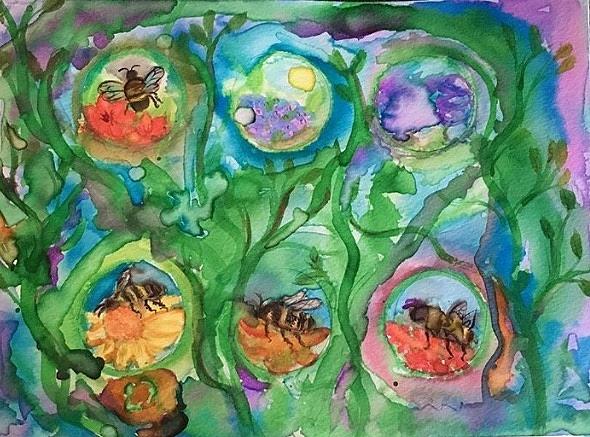 Study of bees and flowers  Painting by Dottie Visker