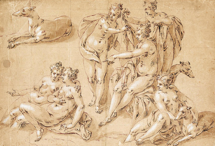 Study of Diana with her Nymphs and Hounds Drawing by Hendrick de Clerck