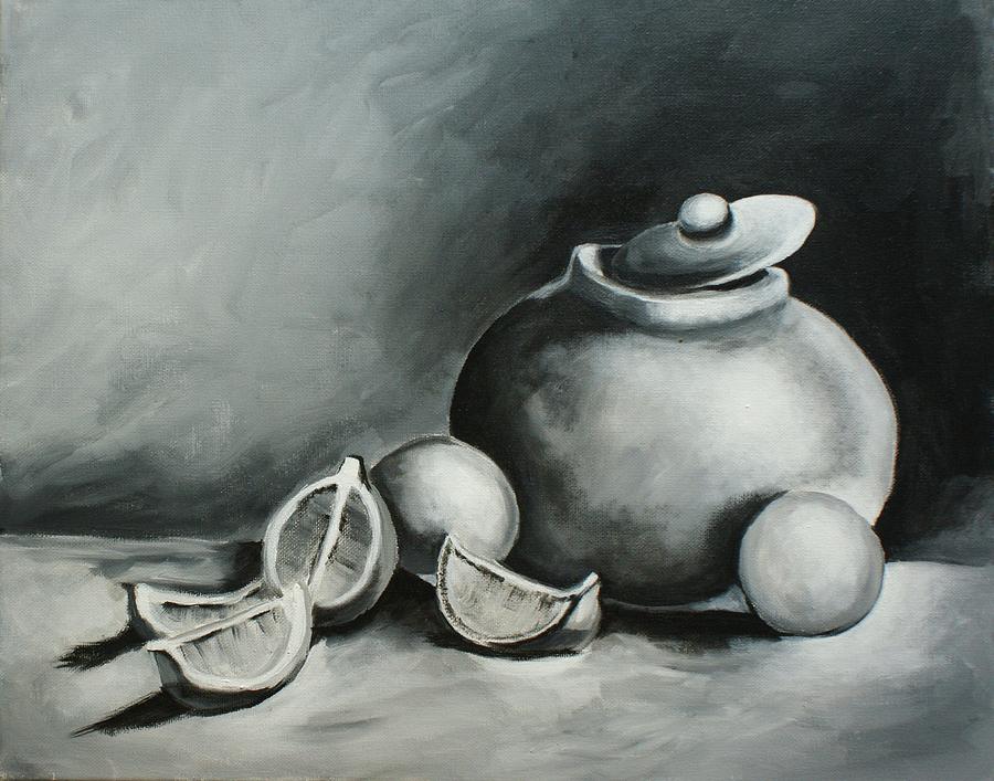 Study of lemons, oranges and covered jug in Black and White Painting by Theresa Cangelosi