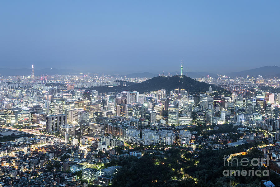Stunning aerial view of Seoul business district at dusk in South Photograph by Didier Marti