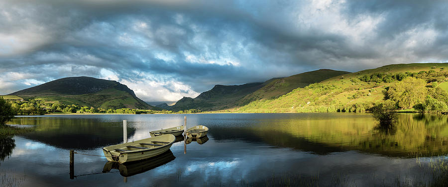 Stunning Panorama Lake Landscape With Rowing Boats In Foreground 