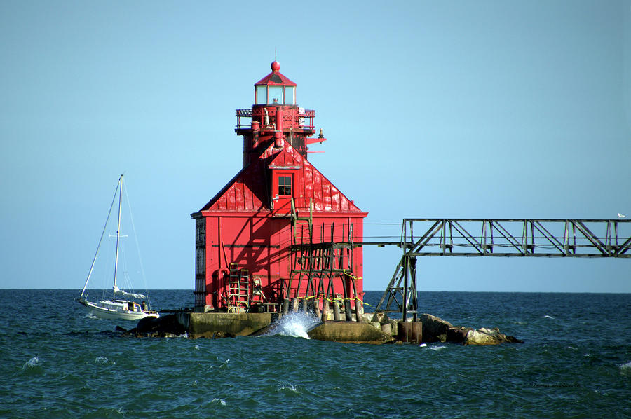 Sturgeon Bay Canal North Pier Lighthouse Wisconsin With Sail Boat Photograph by Thomas Woolworth