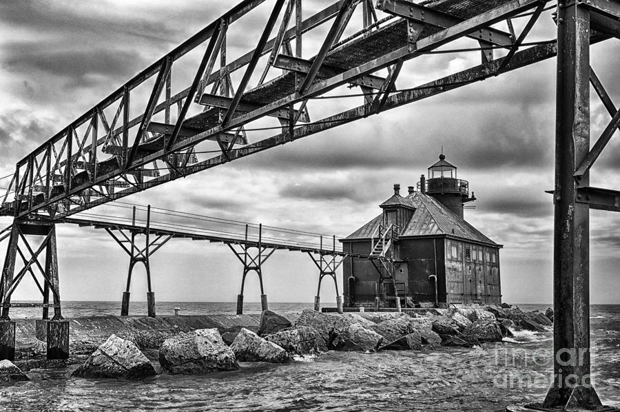 Lighthouse Photograph - Sturgeon Bay Ship Canal North Pierhead Lighthouse in Black and White by Margie Hurwich