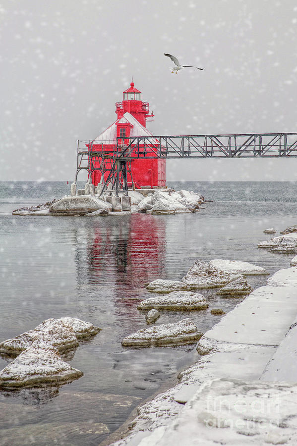 Sturgeon Bay Wisconsin Lighthouse in Door County in Snow Photograph by Nikki Vig