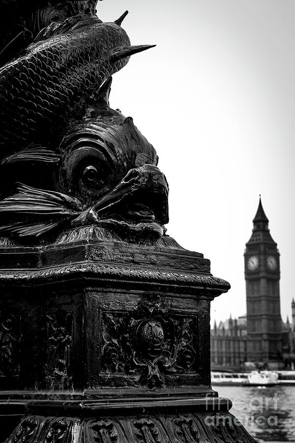 Sturgeon Lamp Post with Big Ben London Black and White Photograph by Marina McLain