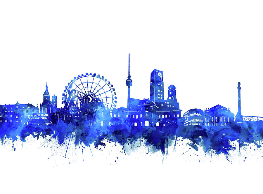 Stuttgart Skyline Watercolor Blue Digital Art