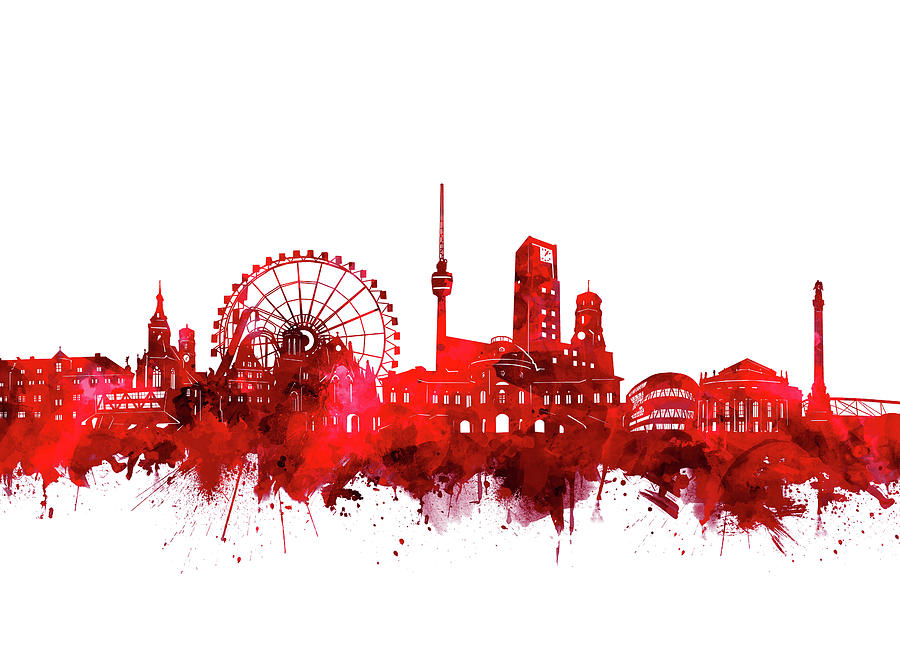 Stuttgart Skyline Watercolor Red Digital Art