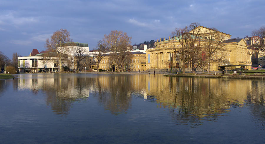 Stuttgart State Theater beautiful reflection in blue water Photograph by Matthias Hauser