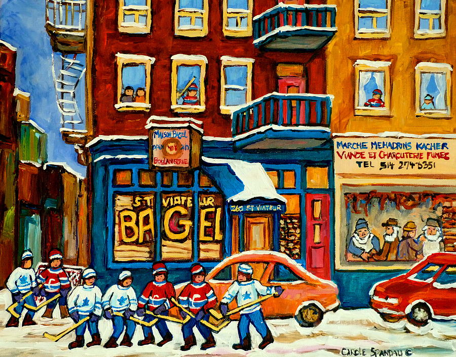 St.viateur Bagel Painting - St.viateur Bagel Hockey Montreal by Carole Spandau