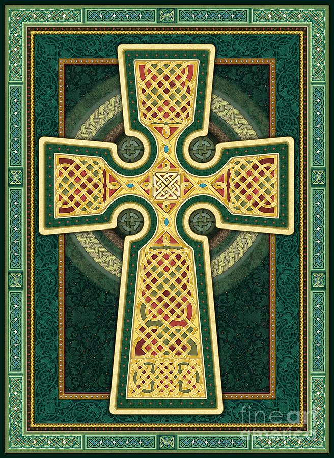 Stylized Celtic Cross in Green Digital Art by Randy Wollenmann
