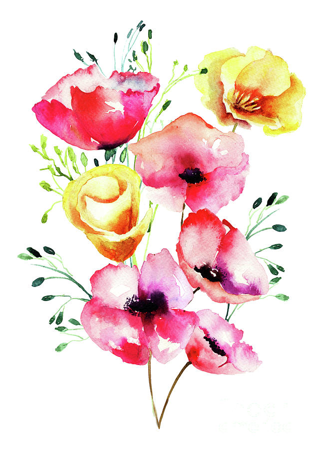 Stylized Poppy flowers Painting by Regina Jershova