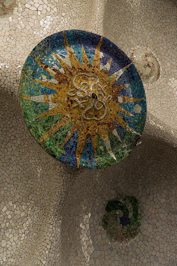 Stylized Sun - Antoni Gaudi Ceiling Medallion at Hypostyle Room in Park Guell - Left Vertical Photograph by Georgia Mizuleva