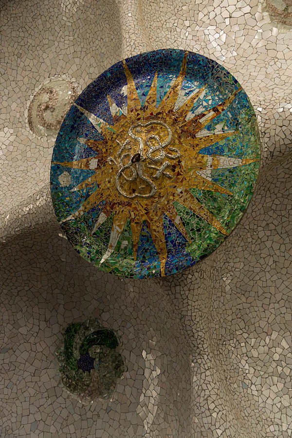 Stylized Sun - Antoni Gaudi Ceiling Medallion at Hypostyle Room in Park Guell - Right Vertical Photograph by Georgia Mizuleva