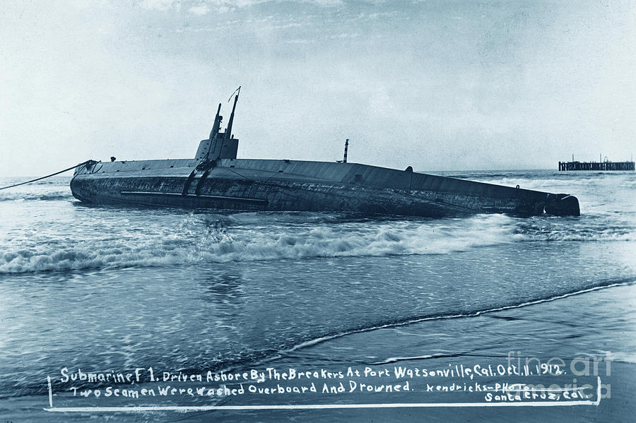 Beach Photograph - submarine F-1 Driven ashore by the brakers at Port Watsonville C by Monterey County Historical Society