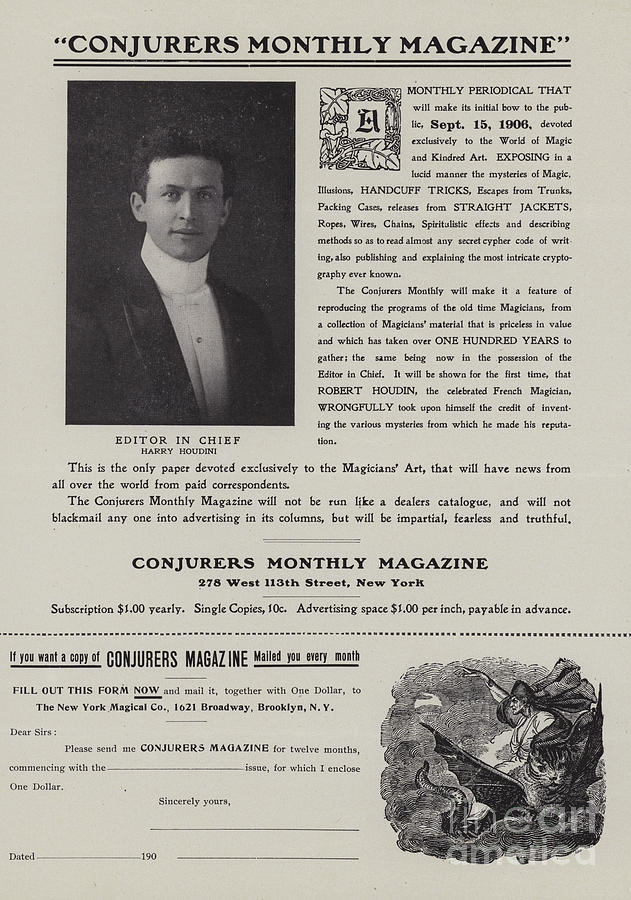 Magic Drawing - Subscription form for Conjurers Monthly Magazine, Editor In Chief Harry Houdini, circa 1906 by American School