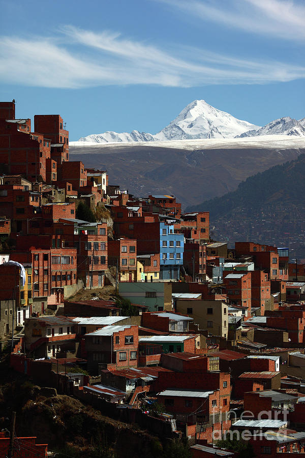Suburbs of La Paz and Mt Huayna Potosi Bolivia Photograph by James Brunker