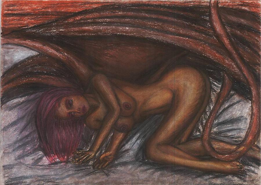 Fantasy Drawing - Succubus Lying on a Bed by Joao Burlamaqui