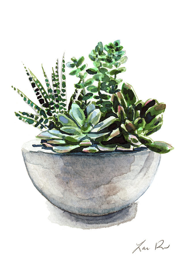 Flower Painting - Succulent Arrangement in Modern Planter by Laura Row