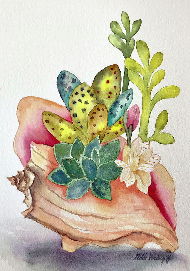 Succulents in Shell Painting by Hilda Vandergriff