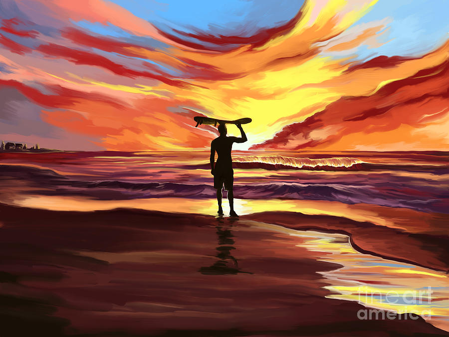 Surfer At Sunset Painting by Tim Gilliland