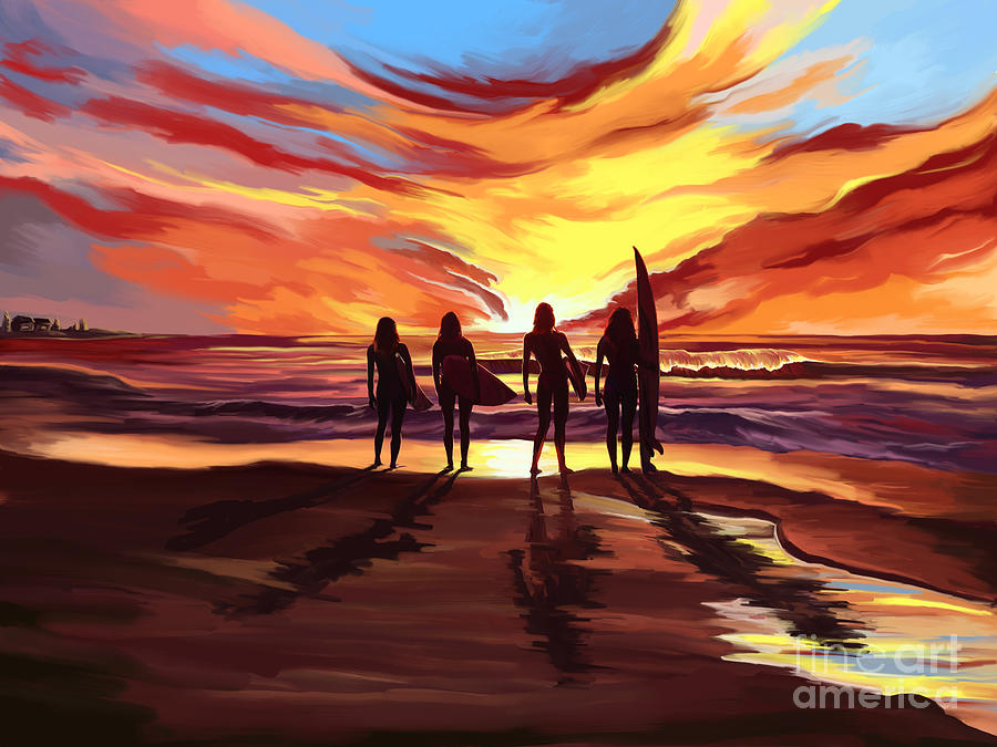 Surfer Girls At Sunset Painting by Tim Gilliland