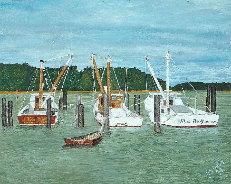 Suffolk Virginia Painting - Suffolk Fishing Boats by John Schuller
