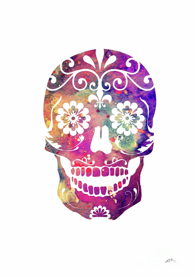 Skull Digital Art - Sugar Skull 2 Watercolor Print by White Lotus