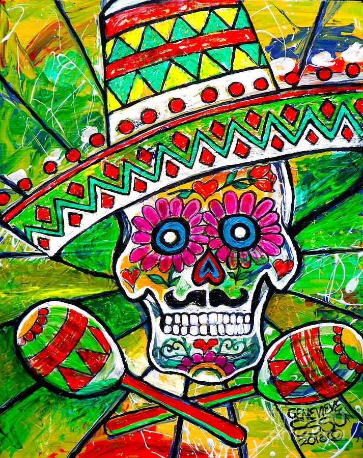 Halloween Painting - Sugar Skull With Sombrero And Marakas by Genevieve Esson