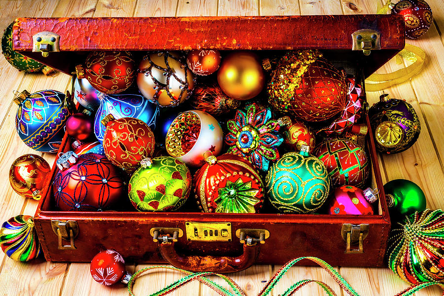 Suitcase Full Of Christmas Ornaments Photograph by Garry Gay