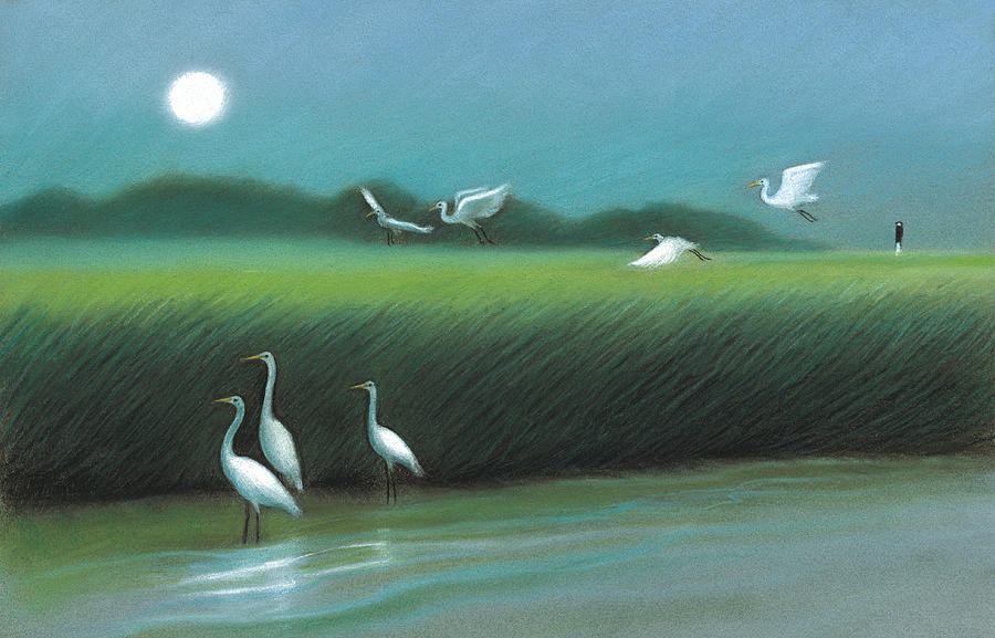 Egret Painting - Sullivans Island Marsh at Night by Nina Uccello