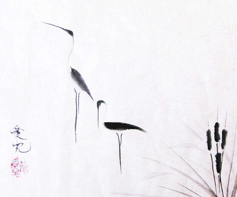 Sumi-e Egrets Painting by Oiyee At Oystudio